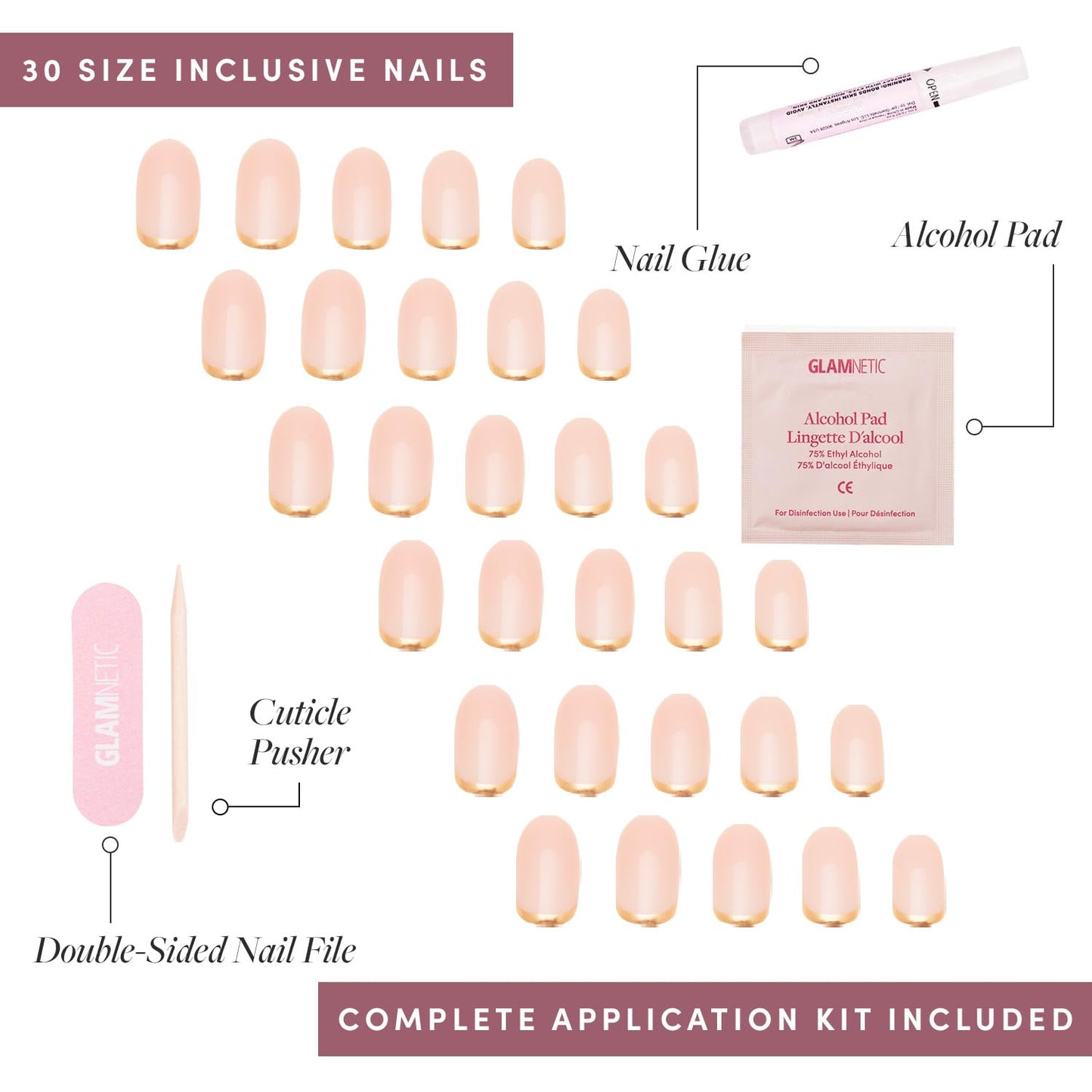 Glamnetic Press-On Nails Bundle - Red Blossom, Goal Digger & Fairy Dust | Oval Fake Nails with Floral Accents | Almond Black French Tip False Nails | Glazed Short Almond False Nails