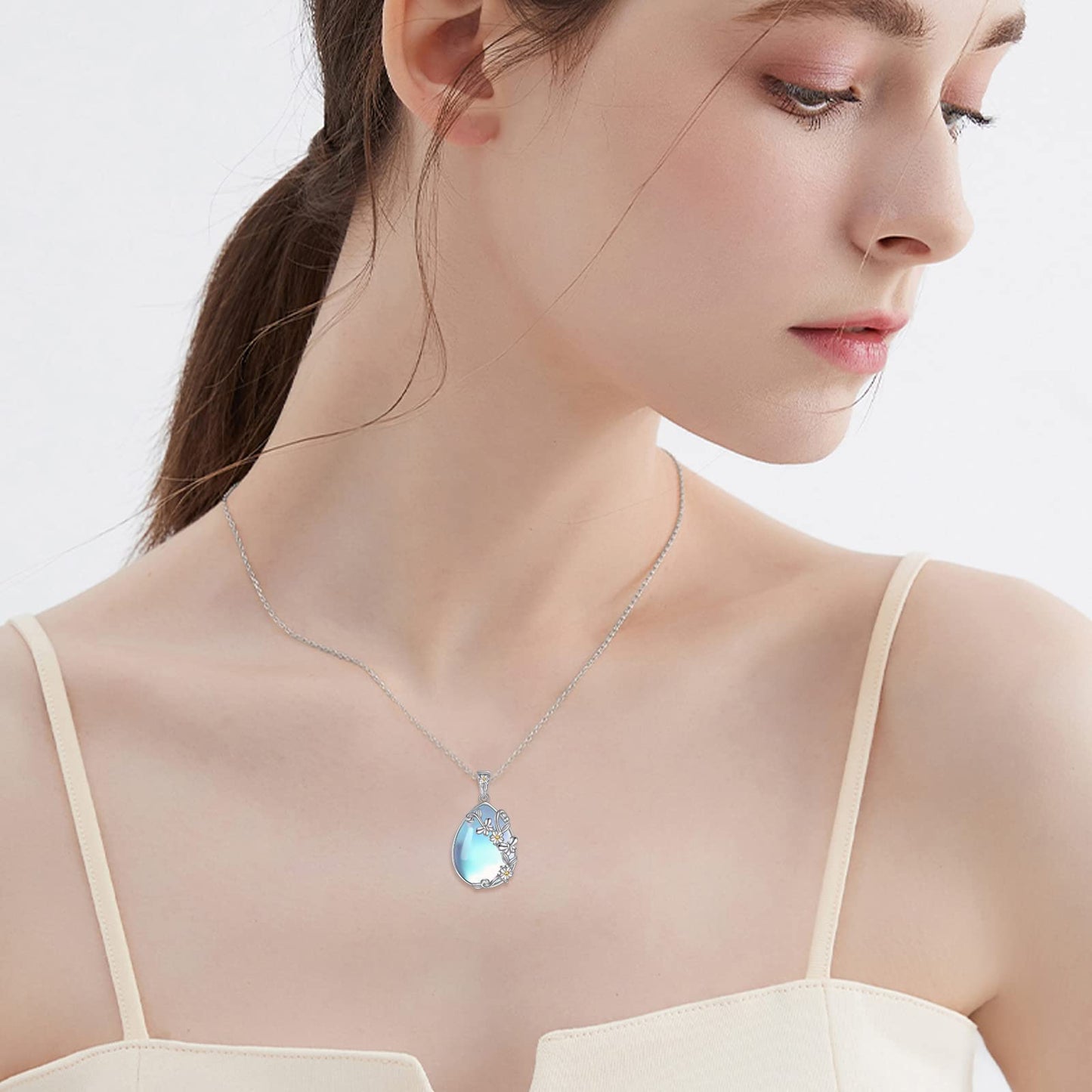 YAFEINI 925 Sterling Silver Moonstone Necklace Filigree Teardrop Daisy Butterfly Pendant Necklace Jewelry for Women (C-Daisy Butterfly Moonstone)