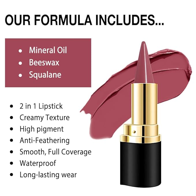 evpct Mauve Red Gradient Matte Lipstick Lip Liner Crayon Combo Pencil Set for Women Long Lasting Waterproof, Plum Matte Cream Lip Liner and Lipstick Combo Makeup, Flawless Gradual Ombre Effect, 10