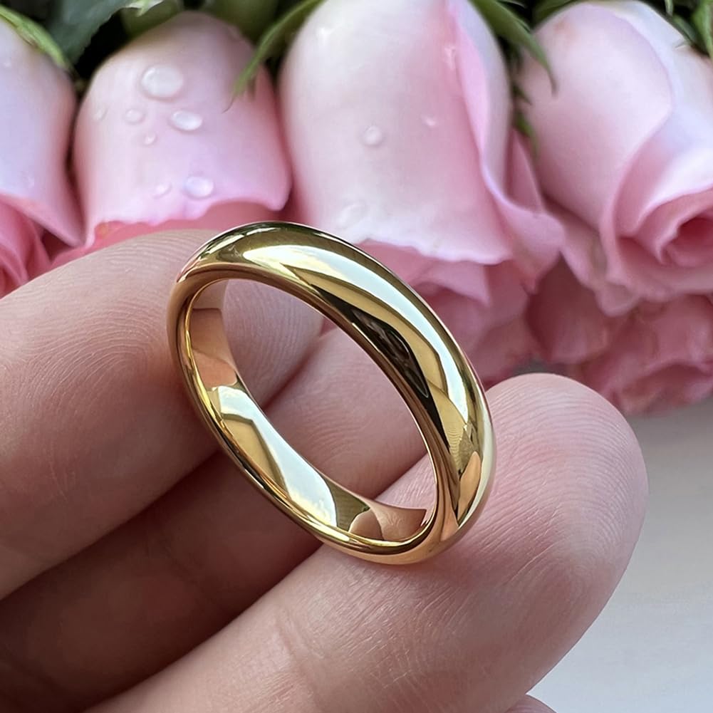 TUTISS 4mm Gold Tungsten Rings for Women Men Engagement Wedding Bands Domed Polished Comfort Fit Size 9