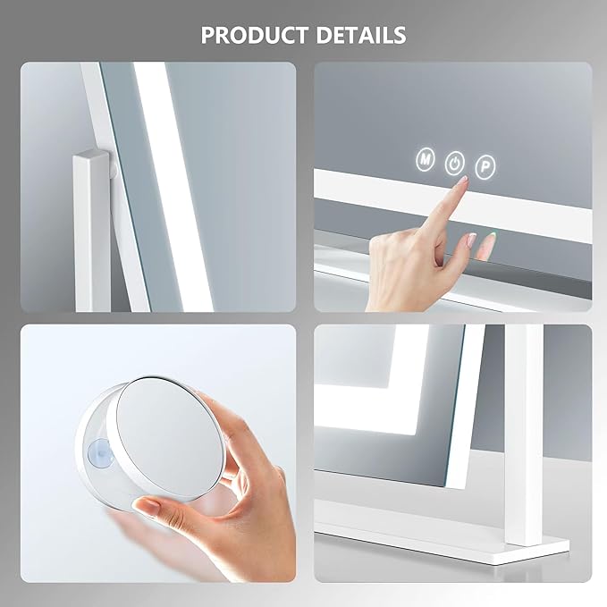 Lighted Makeup Mirror, Hollywood Vanity Mirror with Lights, Three Color Lighting Modes, and Detachable 10X Magnification Mirror, Smart Touch Control, 360°Rotation (15.2in. Black)