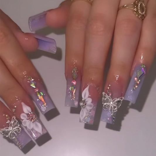BABALAL Purple Press on Nails Medium Square Fake Nails Butterfly Design Glue on Acrylic Nails 3D Flower Charm 24Pcs Bling Luxury Full Cover