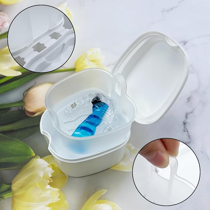 2pcs Denture Bath Retainer Case, Dentaure Cups for Soaking Dentures with Strainer Basket Tray,Compact and Pportable Design, Suitable for Traveling (Purple+Pink)