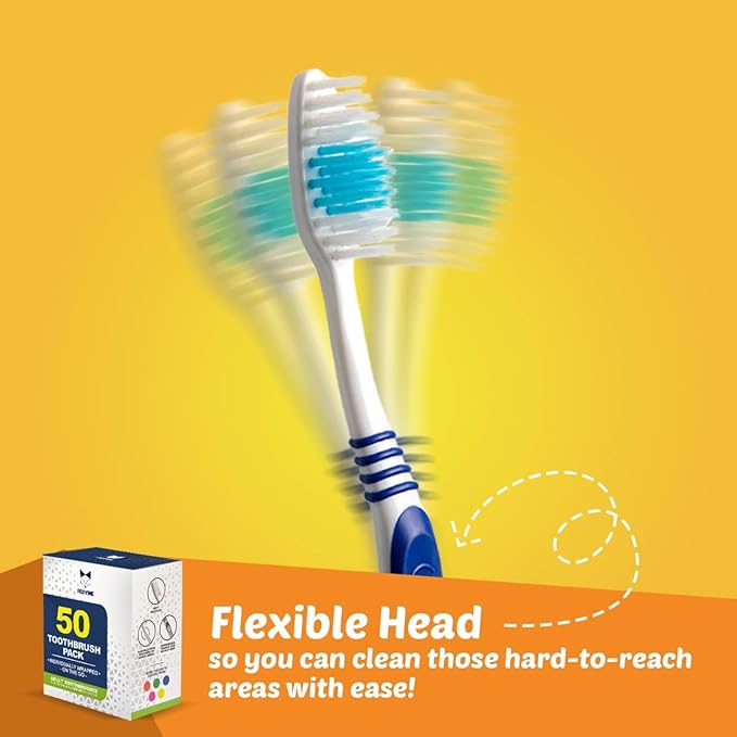 Bulk Toothbrushes 50 Pack | Individually Wrapped Travel Toothbrush Set for Adults & Kids | Made with a Medium-Soft Large Brush Head | BPA-Free & Disposable!