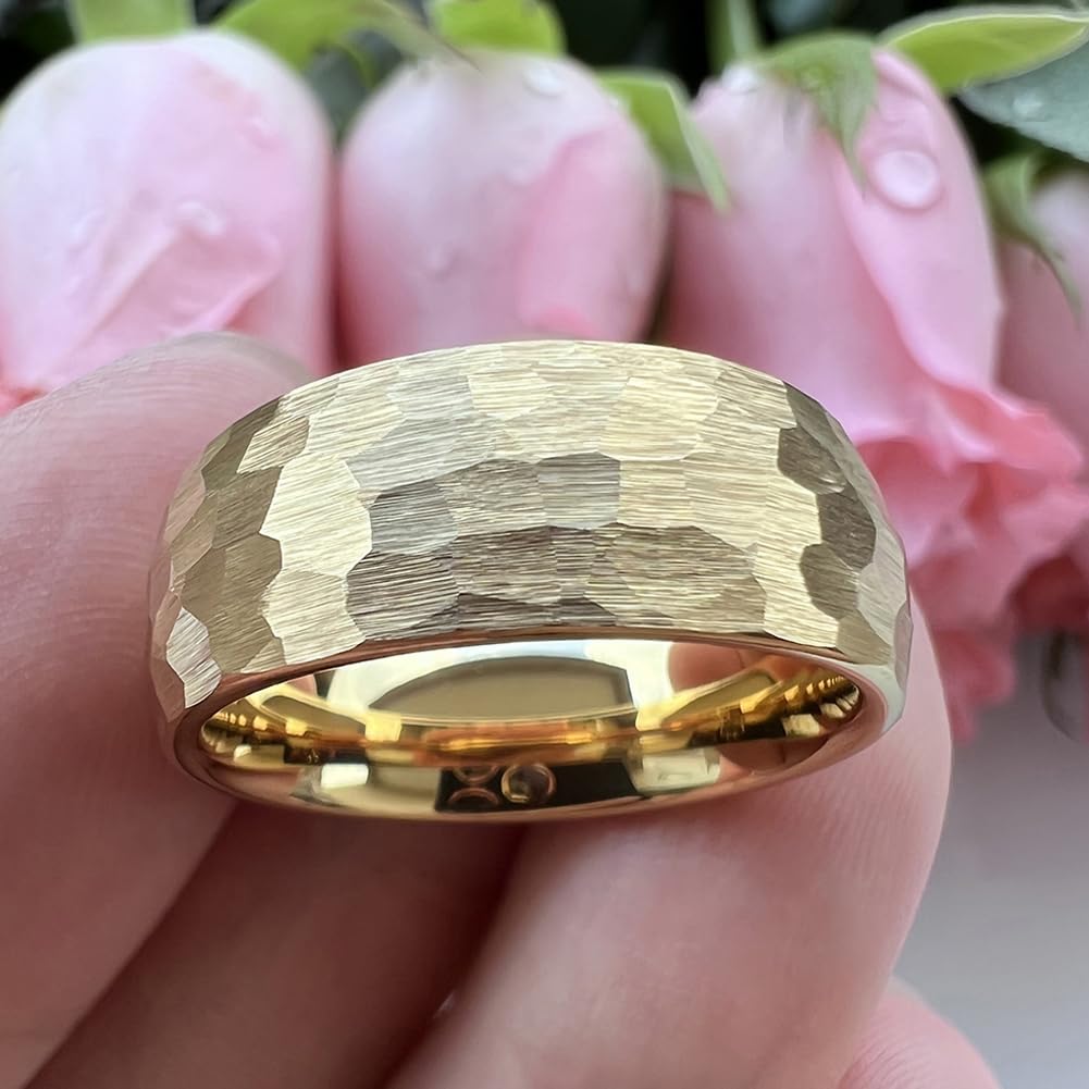 TUTISS 8mm Gold Hammered Tungsten Rings for Men Women Engagement Wedding Bands Domed Matte Finish Comfort Fit Size 7
