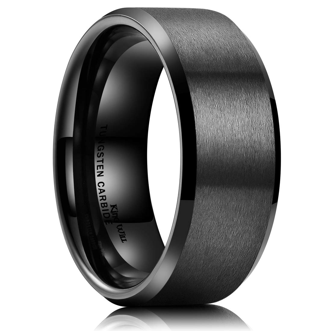 King Will 9mm Men's Black Wedding Ring - Brushed Matte Surface, Beveled Polished Edge, Comfort Fit Size 12