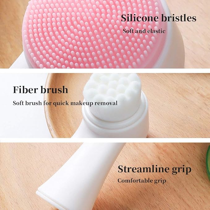 Double Sides Face Brush, 3D Stand Vertical Silicone Facial Wash Brush, 2 in 1 Facial Cleansing Brush Manual Dual-action Face Brush for Acne, Clogged Enlarged Pores Sensitive Delicate, Dry Skins (Blue)
