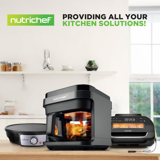 Nutrichef 5.8 Quart Air Fryer | 8-1 Preset Cook Modes | Transparent Fry Bowl for Best Cooking Results | Cook Shrimp, Steak, Fries, Wings, Chicken & More | Precise Temperature Control & Time | Grey
