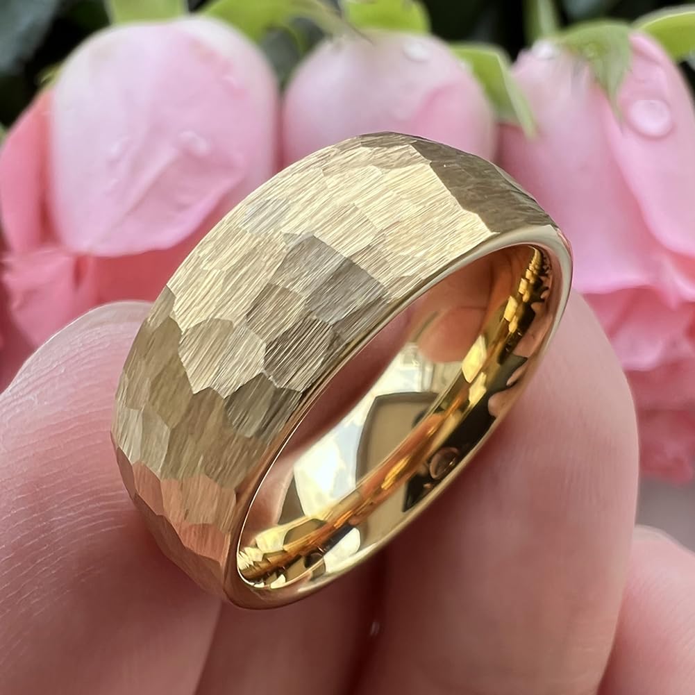 TUTISS 8mm Gold Hammered Tungsten Rings for Men Women Engagement Wedding Bands Domed Matte Finish Comfort Fit Size 9.5