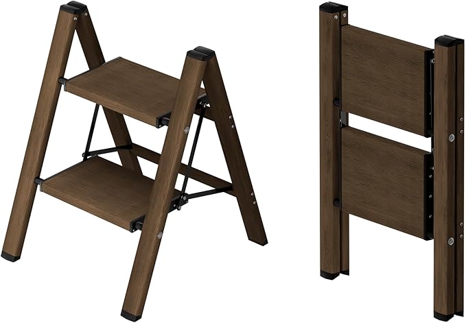 Taranta 2 Step Ladder,Aluminum Lightweight Folding 2 Step Stool with Anti-Slip Wide Pedal,330lbs Capacity Step Ladder for Household,Kitchen,Office - Walnut