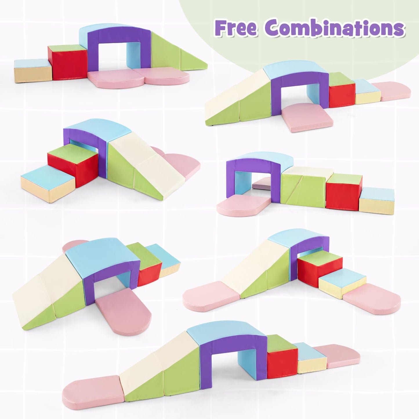 Olakids Climbing Toys for Toddlers, 7 Pieces Indoor Baby Foam Blocks Soft Play Set with PU Leather, Kids Climb and Crawl Sliding Activity Structure Gym Playground Climber