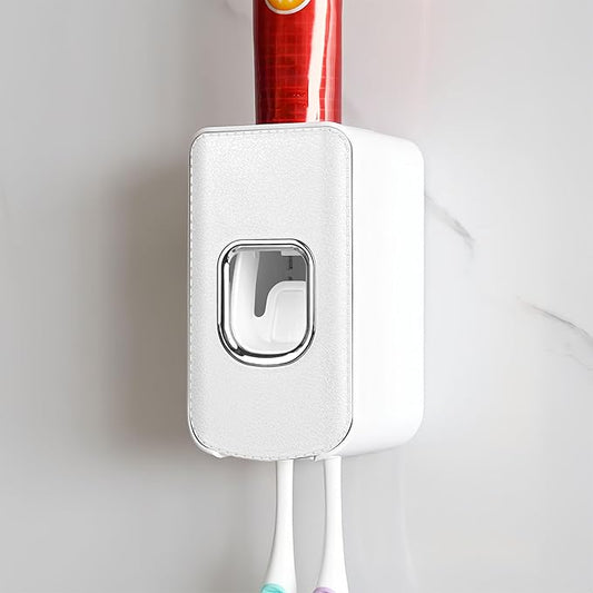 2 Slot Plastic Toothbrush Holder and Toothpaste Dispenser Wall Mounted, Automatic Toothpaste Squeezer, 2 in 1 Tooth Brush Toothpaste Organizer for Shower (White)