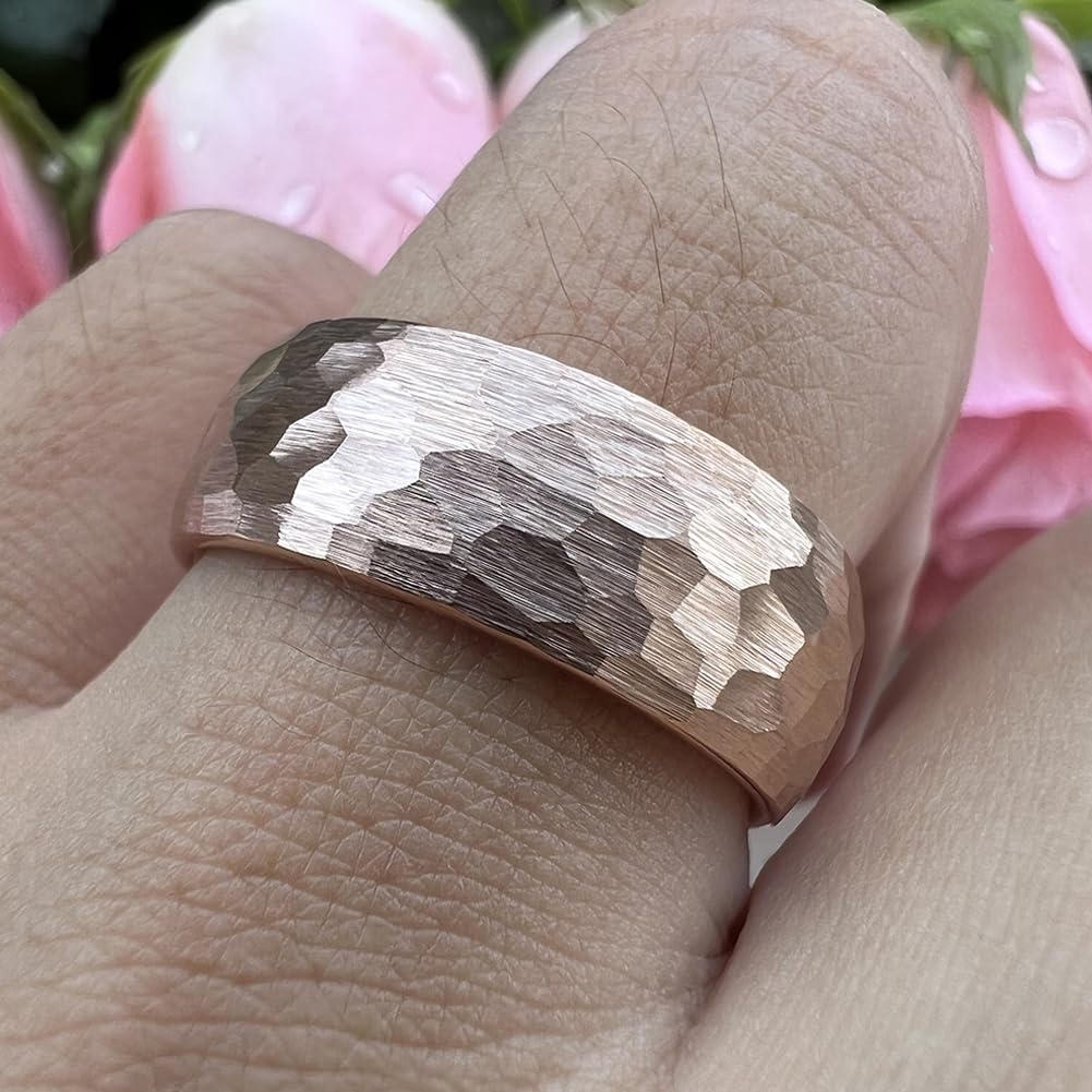 TUTISS 8mm Rose Gold Hammered Tungsten Rings for Men Women Engagement Wedding Bands Domed I Love You Engraved Comfort Fit Size 9
