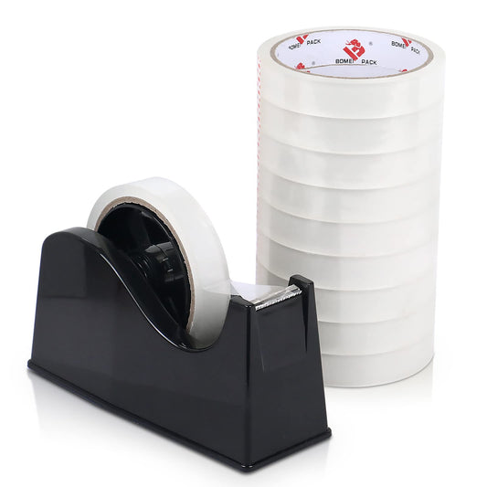 BOMEI PACK Desktop Tape Dispenser (Fits 1" & 3" Core) with Transparent Tape Refills, Clear Tape with Black Tape Holder,Weighted Non Slip Base, for Masking Tape,Heat Resistant Tape