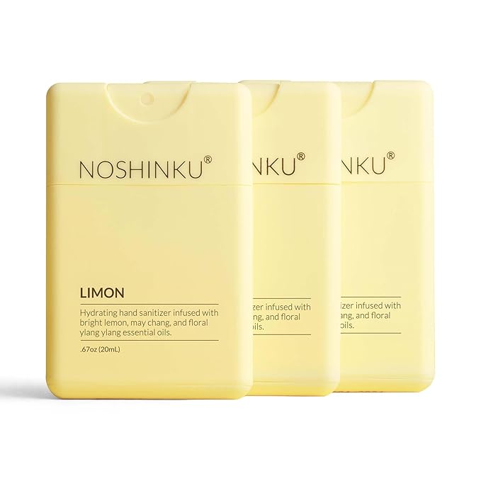 Noshinku - Refillable Hand Sanitizer Limon 3-Pack, Travel Size Spray with Hydrating Botanical Oils, Natural Ingredients, All Natural Fragrances, Sugarcane Derived Alcohol, No Parabens, No Dyes