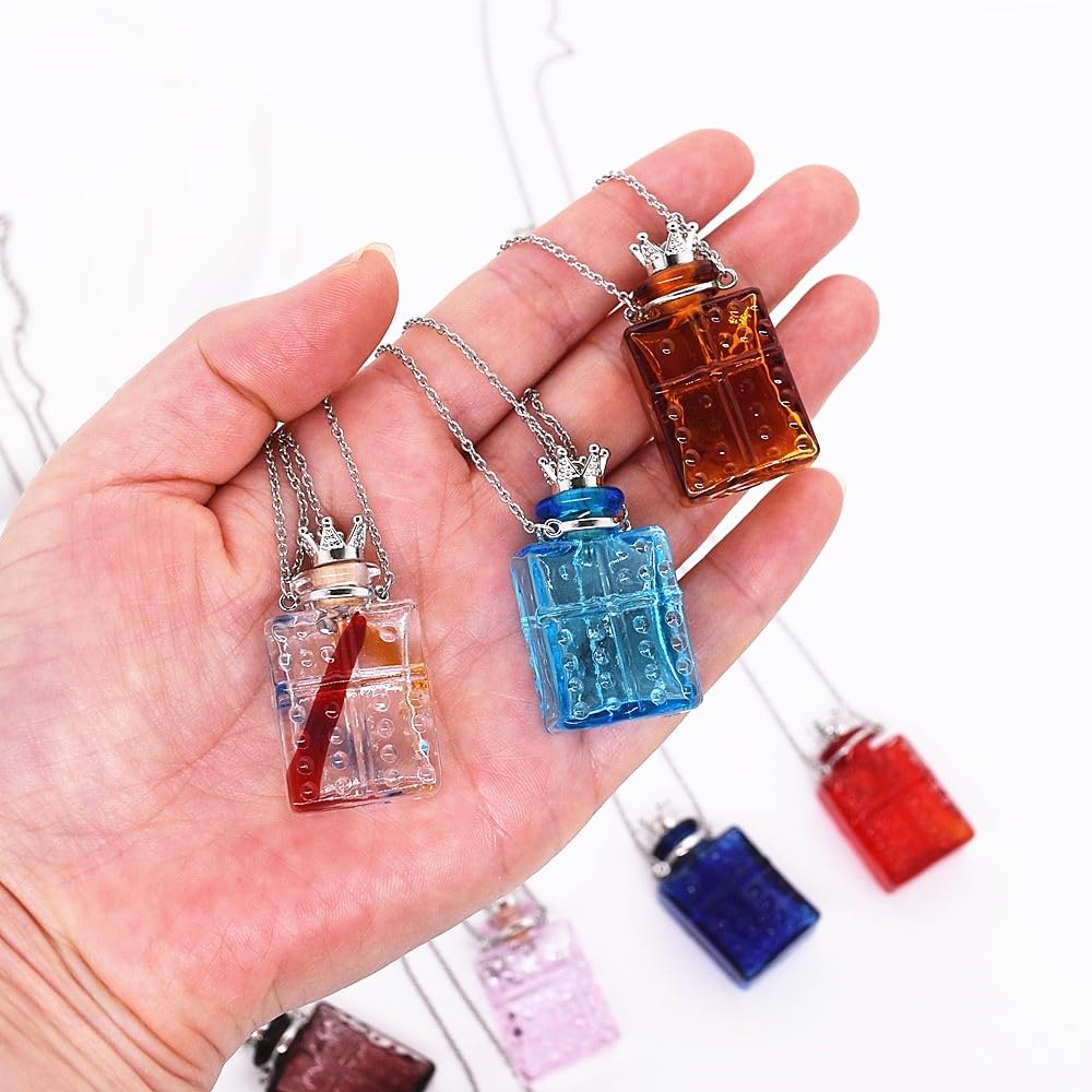 CoolDIY Handcrafted Glaze Glass Square Refillable Essential Oil Necklace Pendant - Aromatherapy Perfume Diffuser Pendant with Stainless Steel Chain (Clear)