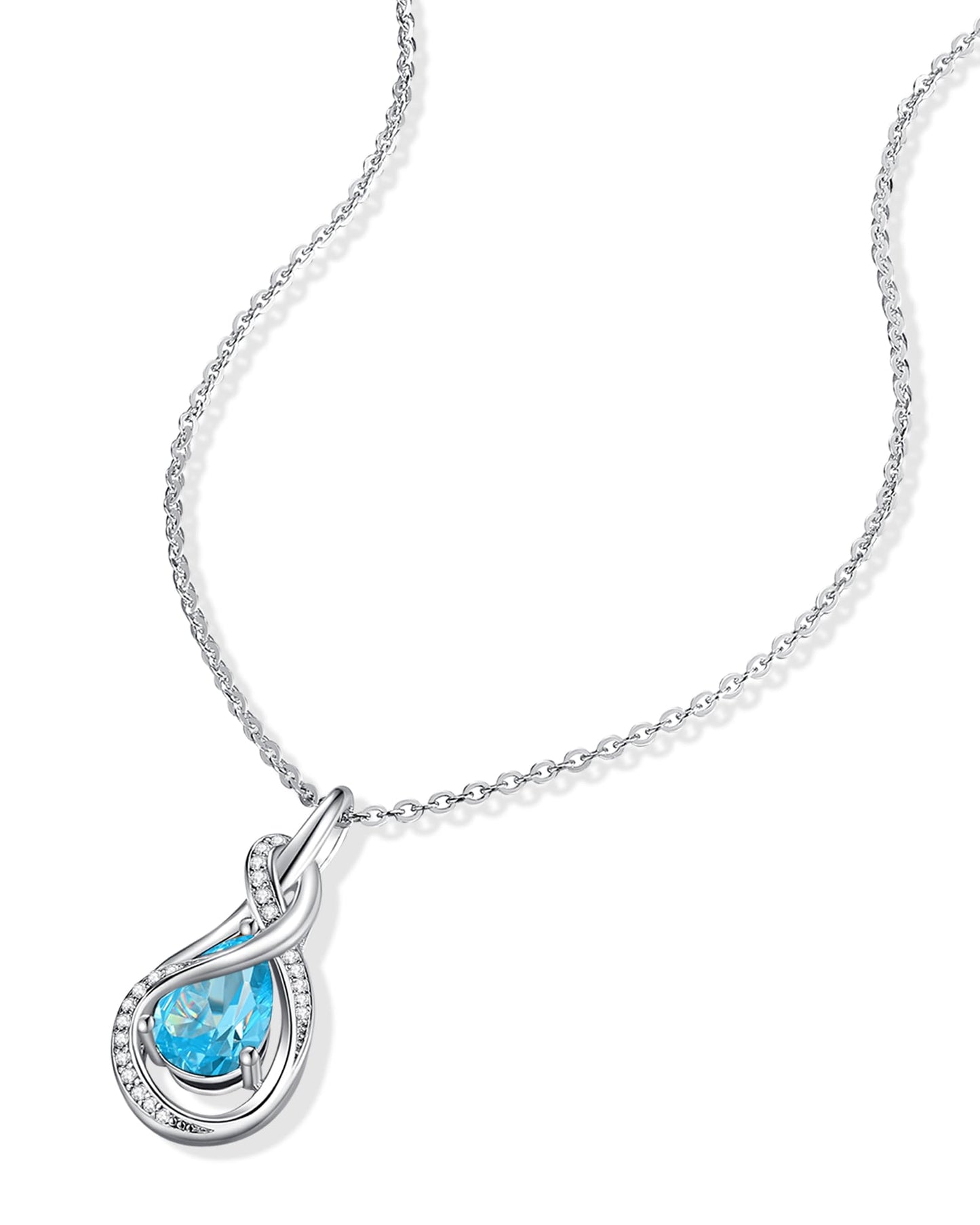 FANCIME Aquamarine Necklace March Birthstone Sterling Silver Infinity Knot Pendant Necklace Blue Gemstone Fine Jewelry Birthday Mothers Day Gifts for Women Mom