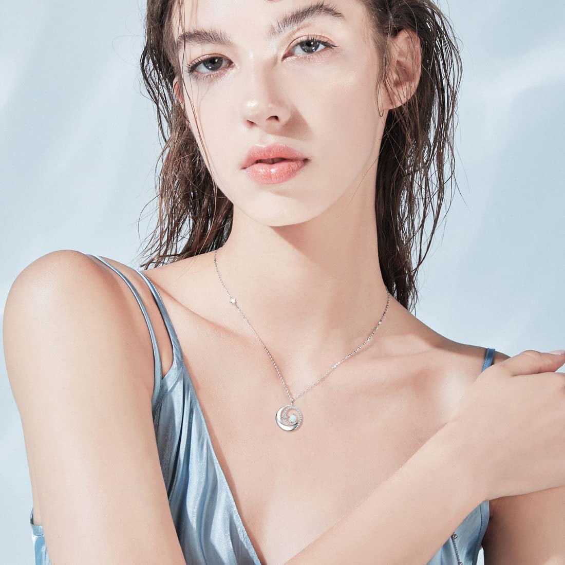 FANCIME White Opal Necklace October Birthstone Moon Star Pendant Necklaces Sterling Silver Jewelry Birthday Anniversary Mothers Day Gifts for Women Mom Daughter, Adjustable Chain 16"+2"