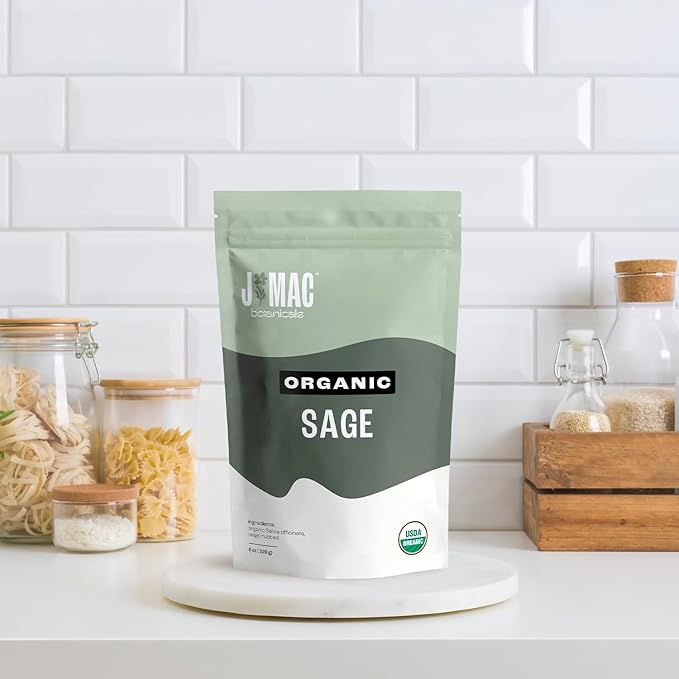 J Mac Botanicals, Organic Rubbed Sage (8 oz), Certified USDA Organic, Dried Rubbed Sage Leaf. Culinary Grade-excellent for sausage making, fresh Albanian harvest (Pack of 2)