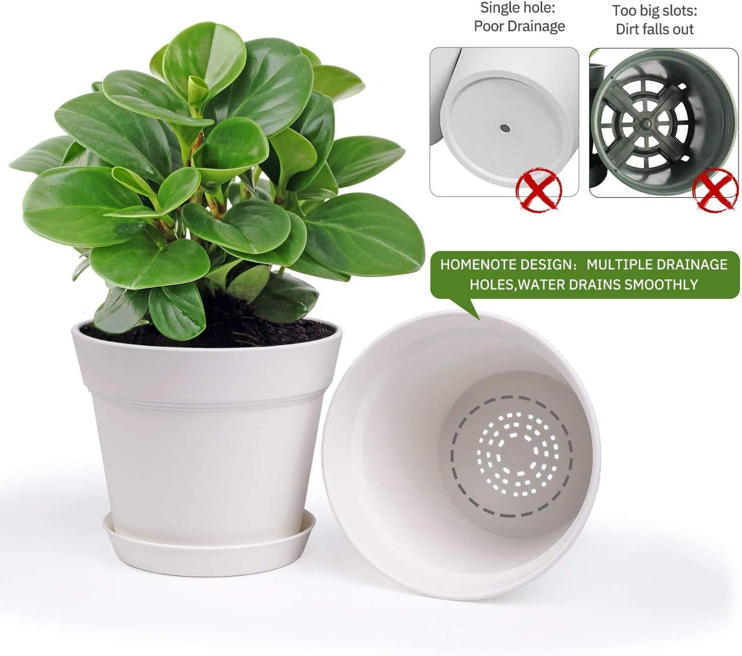 homenote Plant Pots,6/7.5 Inch Flower Pots for Plants Plastic Planters for Indoor with Multiple Drainage Holes and Trays, for All Home Garden Flowers Succulents,Outdoor(White,10 Pack)