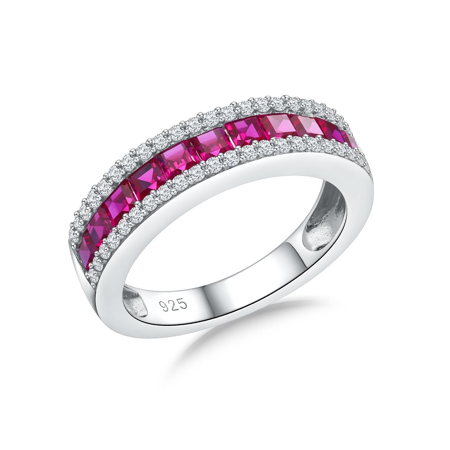 RANDES Anniversary Bands for Women 925 Sterling Silver Red Stone Ring 5mm Thick Channel Set Half Eternity Rings Ruby Birthstone Ring Size 10.5