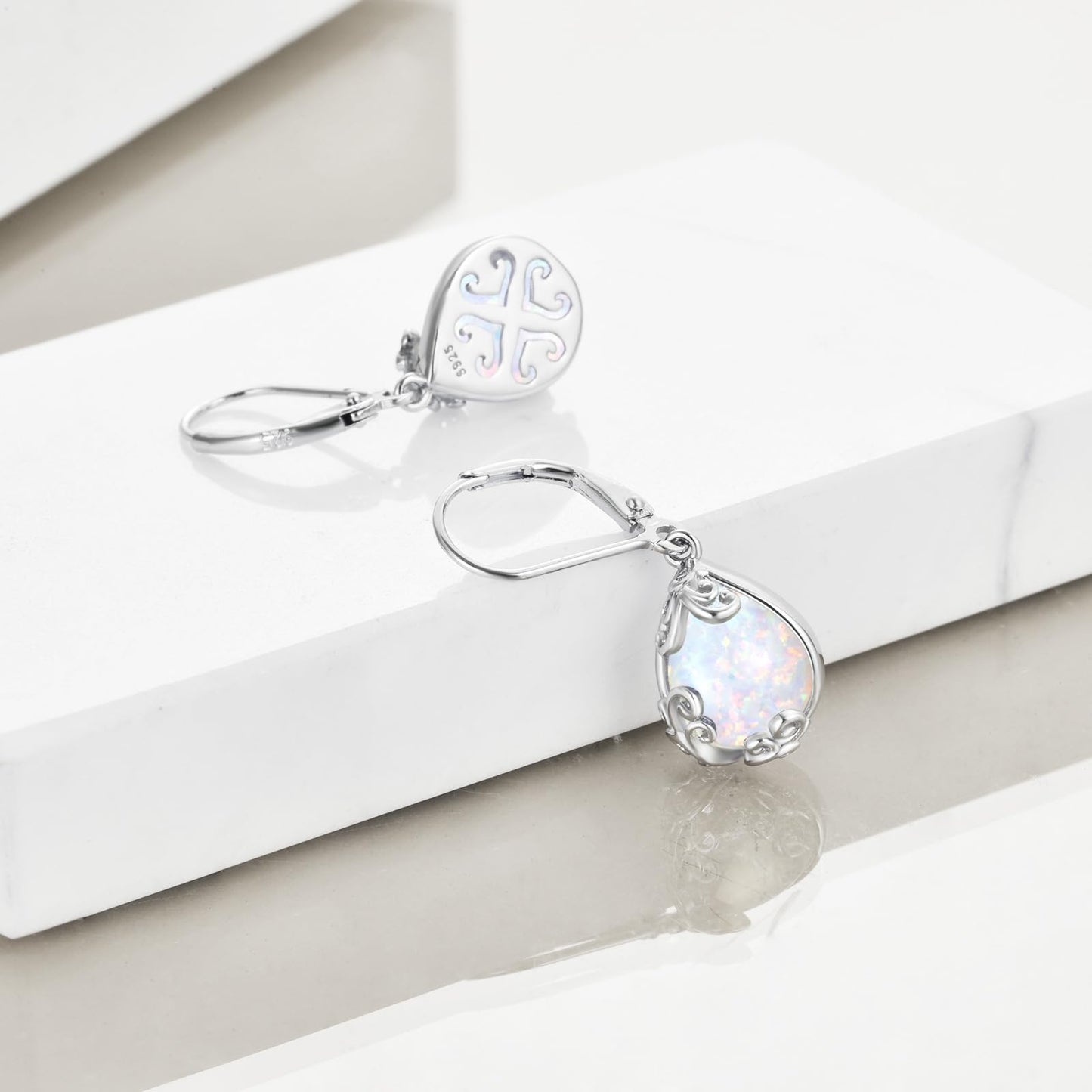 POPLYKE Opal Filigree Teardrop Drop Dangle Earrings Sterling Silver Leverback Earrings Opal Jewelry Gifts for Women