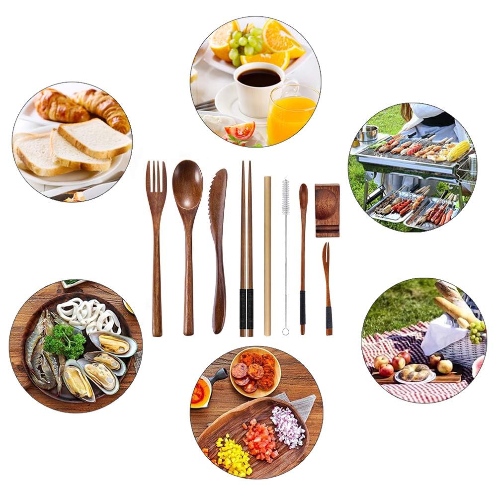 Wooden Utensil Flatware Set Reusable Utensils Travel Cutlery Set for Eating with Case, 10 Pcs Wooden Spoon and Fork Set Bamboo Flatware Set