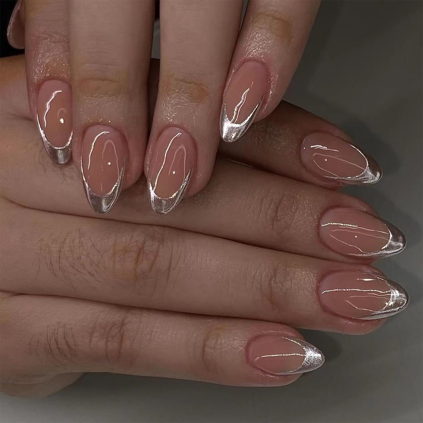 Short Almond Press on Nails Silver French Tip Fake Nails Pink Press ons Acrylic Nails False Glossy Artificial Full Cover Stick on Nails for Women Girls 24 Pcs