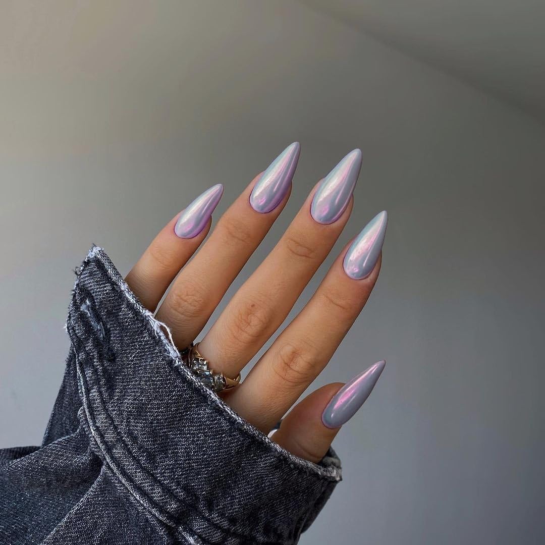 Light Blue Chrome Press on Nails Medium Almond, KQueenest Mirror Aurora Stiletto Fake Acrylic Nails with Bling Design, Reusable Glue on Nails for Daily Party Wear, False Nails Press ons in 24 PCS