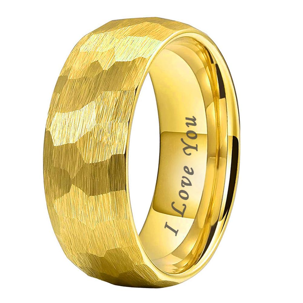 TUTISS 8mm Gold Hammered Tungsten Rings for Men Women Engagement Wedding Bands Domed I Love You Engraved Comfort Fit Size 9