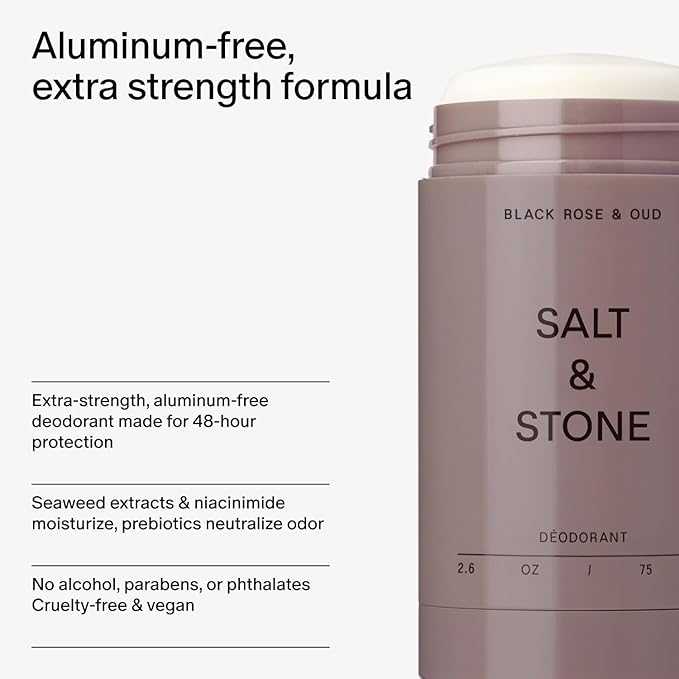 SALT & STONE Deodorant | Extra Strength Natural Deodorant for Women & Men | Aluminum Free with Seaweed Extracts, Shea Butter & Probiotics (Black Rose & Oud - 2.6 fl oz)
