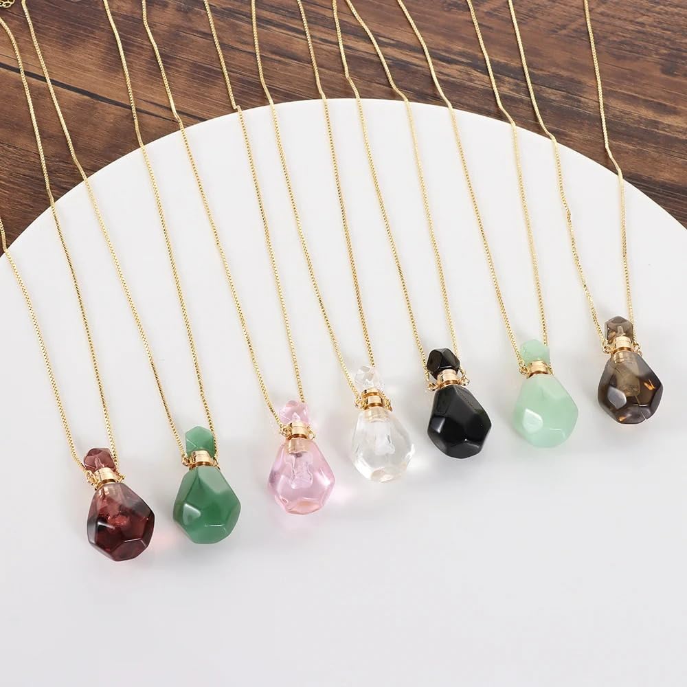 14K Yellow Gold Natural Stone Vial Necklace For Women - Glass Vial Pendant Necklace Water Drop Jar Perfume - Water Container For Liquid Oil Diffuser Jewelry