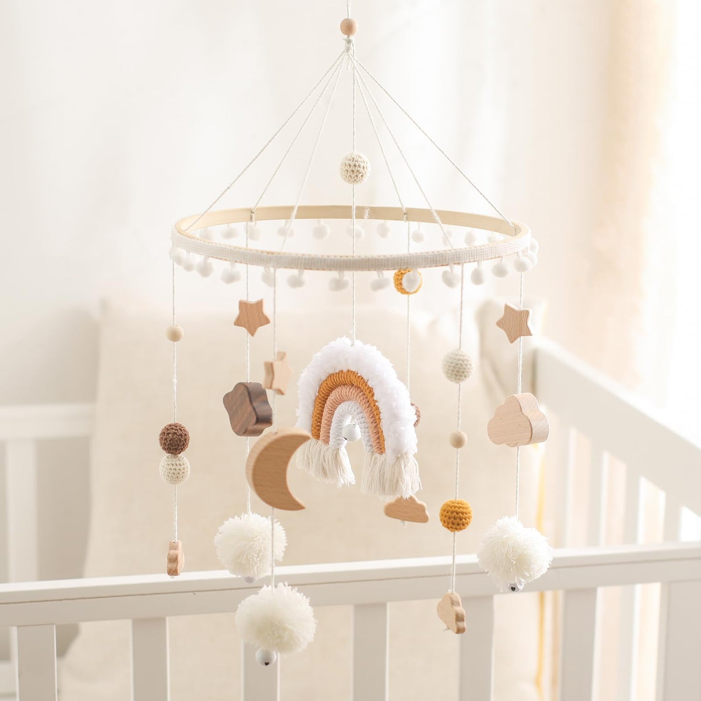 let's make Baby Crib Mobile for Boys Girls Rainbow Nursery Mobile Gender Neutral Hand-Crocheted Mobile Ceiling Mobile - Rainbow, Clouds, Moon