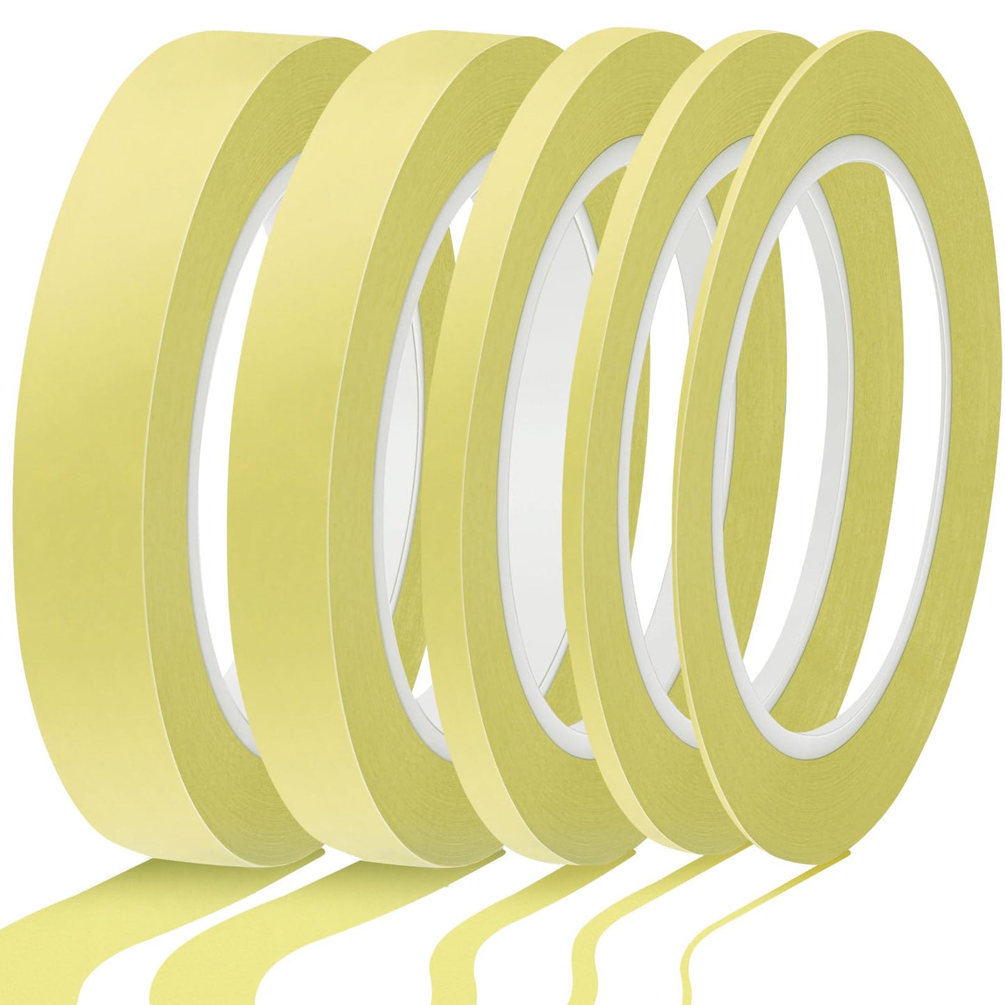 Xuniea 5 Rolls of Vinyl Tape Masking Tape Automotive Car Auto Paint for Curves, High Temperature Vinyl Low Tack (1/16 Inch, 1/8 Inch, 1/4 Inch, 1/2 Inch, 3/4 Inch,Yellow)