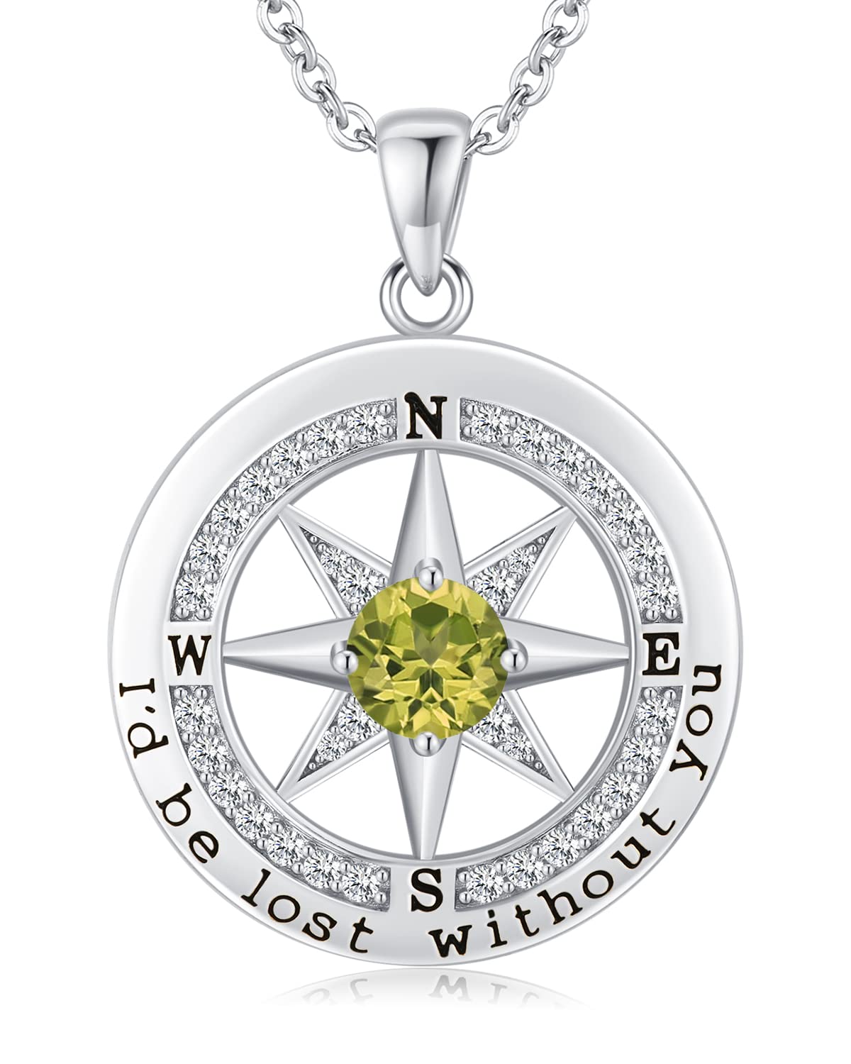 S925 Sterling Silver Necklace for Wife, Women Anniversary Year Gifts Compass Jewelry, Birthday Gift Ideas for Her Girlfriend Woman Necklaces, 18K White Gold August