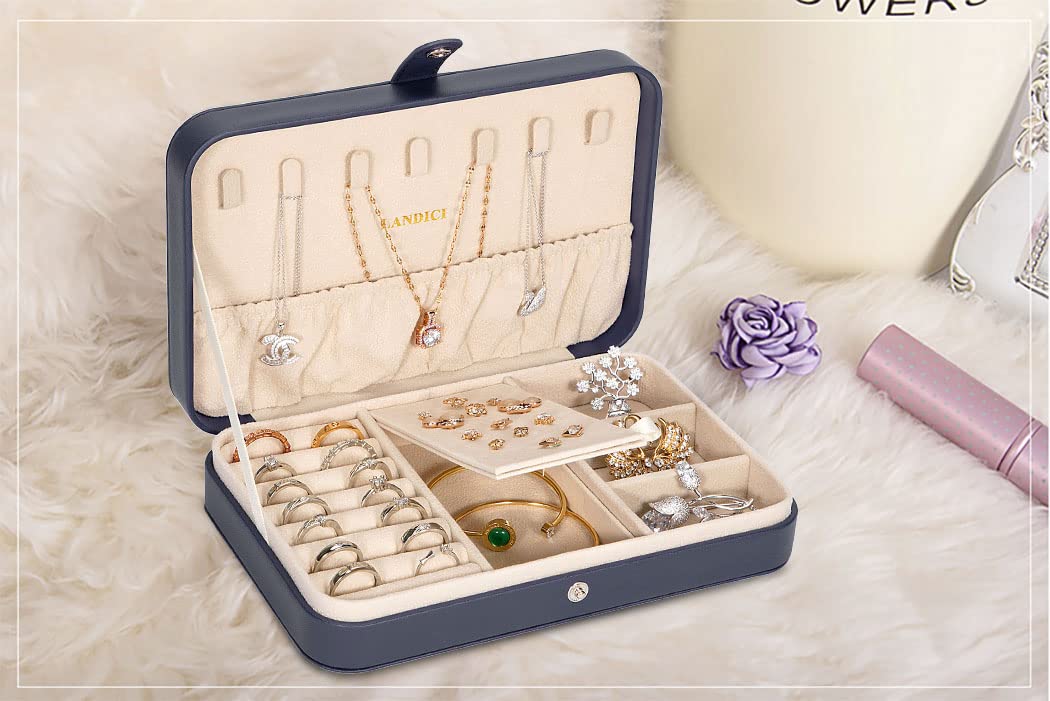 LANDICI Small Jewelry Box for Women Girls, PU Leather Travel Jewelry Case, Portable Jewelry Organizer Storage Holder Display for Ring Earrings Necklace Brooch Men Kids Gift, Dark Blue