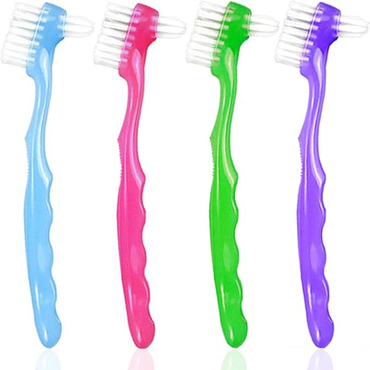 4 Pieces Denture Brush, Small Toothbrush for Dentures, Multi-Layered Bristles Ergonomic Rubber Handle for False Teeth Cleaning