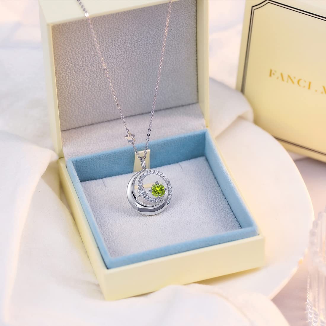 FANCIME August Birthstone Necklaces for Women Moon Star Pendant Peridot Necklace Sterling Silver Green Jewelry Birthday Anniversary Mothers Day Gifts for Mom Women Daughter, 16"+2"