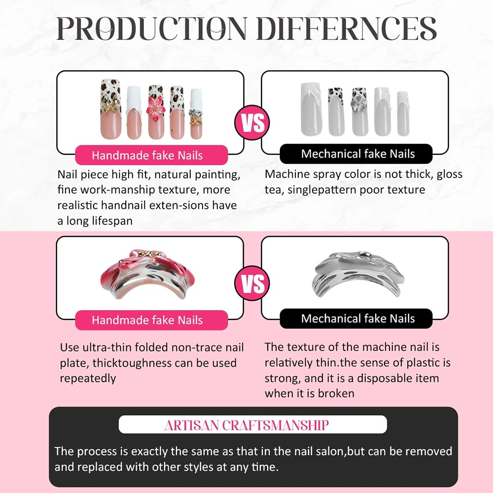 Almond Medium Handmade Press on Nails Fake Nails Blue French Tip with 3D Flower Designs luxury Glossy Cute Acrylic Nails for Women 10pcs (Size M）