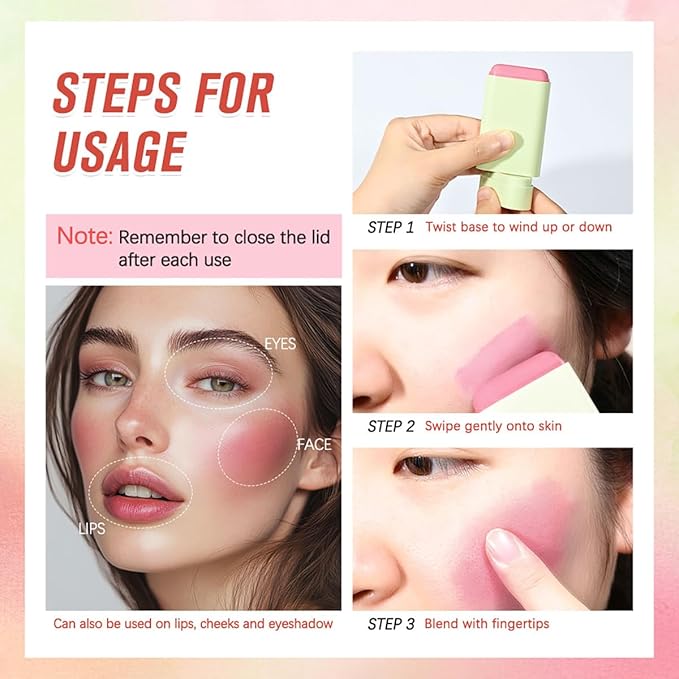 Blush pH Tinted Moisture Stick, Multi-Use Cream Blush Stick, Natural Nude Makeup for Cheeks, Eyes and Lips, Waterproof Natural Nude Makeup, Suitable for All Skin (3# Coral Orange)