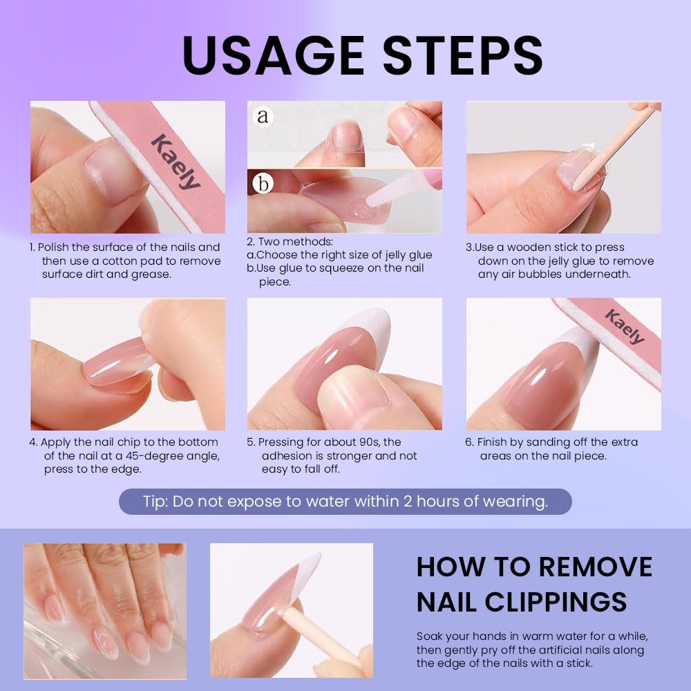 evpct French Tip Press On Nails Short Almond, Nude + Gold Pink Line & White Tips, Short Almond Fake False Press on Nails, Reusable Gel Stick on nail Press ons Nail Kit, Salon Quality