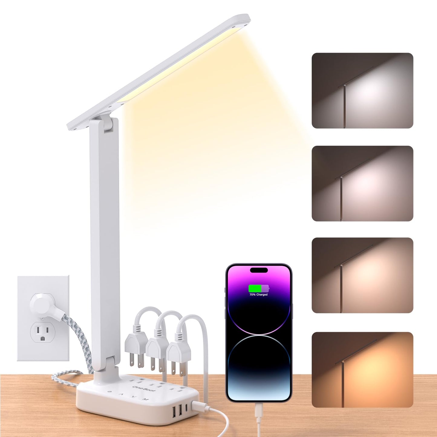 One Beat LED Small Desk Lamp Power Strip 5ft Extension Cord, 3 Outlets, 4 USB Ports(2 USB C), 4 Modes, 5 Level Touch- Home, Office, Bedroom, Bedside, Study Reading Light, Dorm Room Essentials, White