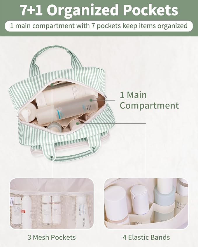 Narwey Large Travel Toiletry Bag for Traveling Women, Cosmetic Makeup Bag Make Up Organizer, Striped Travel Bag for Toiletries with Handle (Mint Green Stripe)
