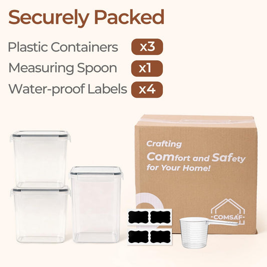 ComSaf Flour Sugar Storage Containers Set of 3 (5.2L/5.5Qt) (2.5L/2.6Qt*2), Large Airtight Food Storage Containers with Lids, Plastic Canisters Sets for Kitchen, Pantry Organizers for Rice and Baking