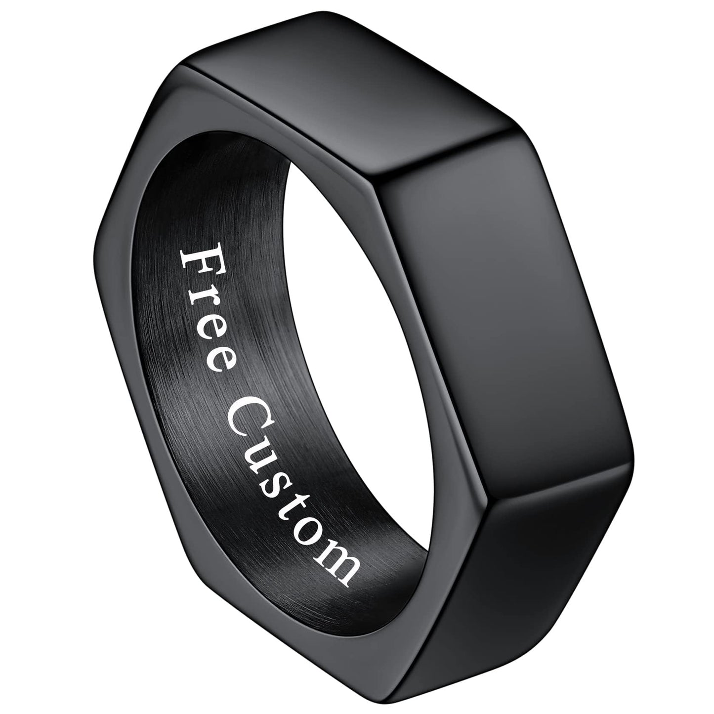ChainsHouse Personalized Engravable Stainless Steel Black Hexagon Geometric Biker Ring Bands, Size 9