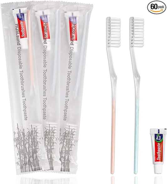 60 Pack Disposable Toothbrushes with Toothpaste Individually Wrapped (2colors)