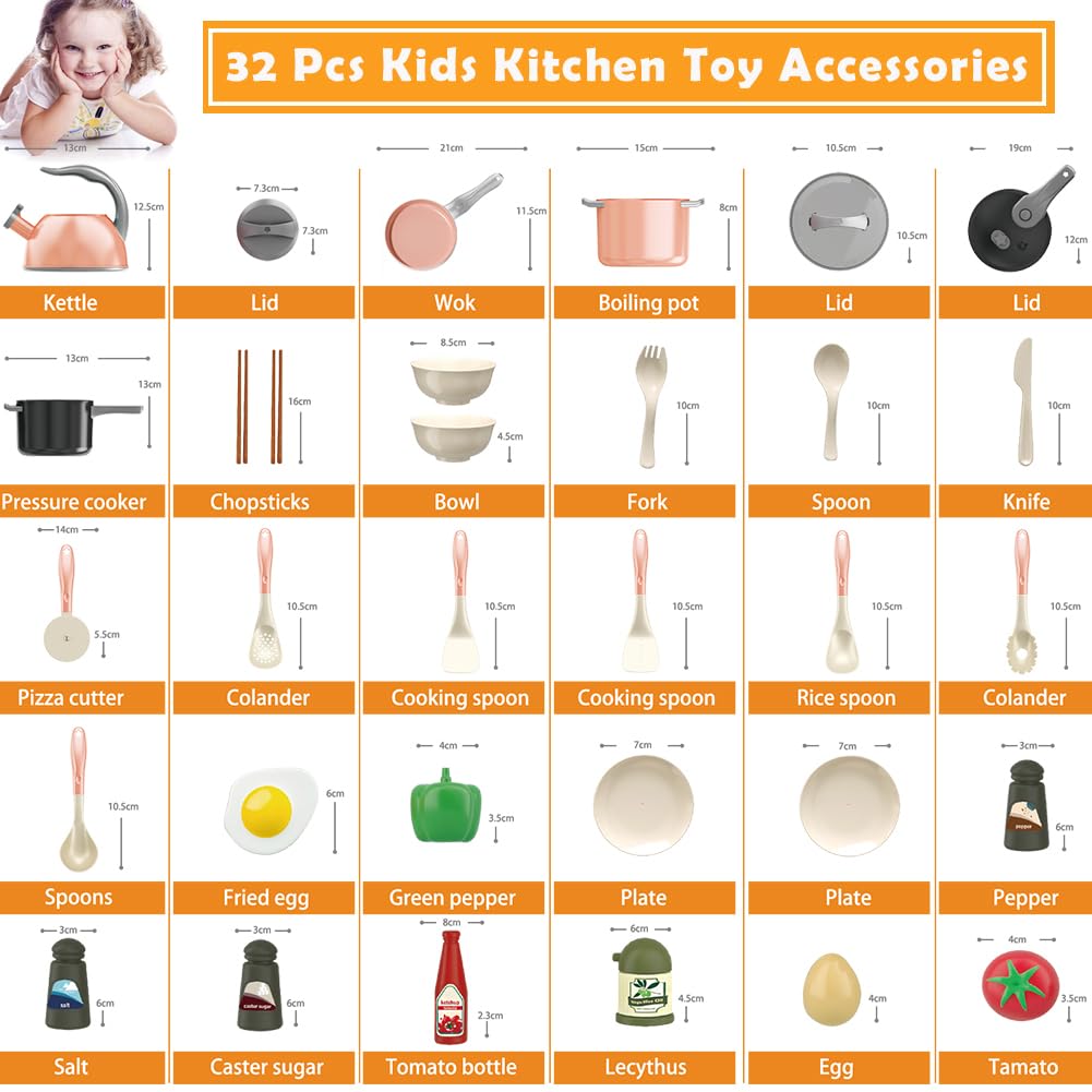 Bruvoalon 32Pcs Kids Play Kitchen Toys Set, Toddlers Pretend Cooking Playset Acccessories with Pots Pans, Utensils Cookware, Foods, Canned Veges, Learning Gift for Kids Girls Boys (Pink)