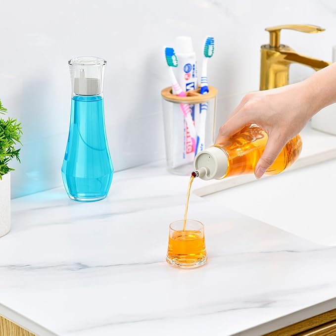VITVITI Glass Mouthwash Dispenser for Bathroom, 8.8OZ Mouth Wash Container Bottle with Lid Cup, Small Clear Refillable Mouthwash Dispenser Decanter for Countertop