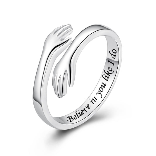 ACJFA Hug Rings for Women Sterling Silver Adjustable Ring for Women Daughter Hand Ring Jewelry for Birthday Gifts Holiday Gift for Teens(Believe in you like I do)