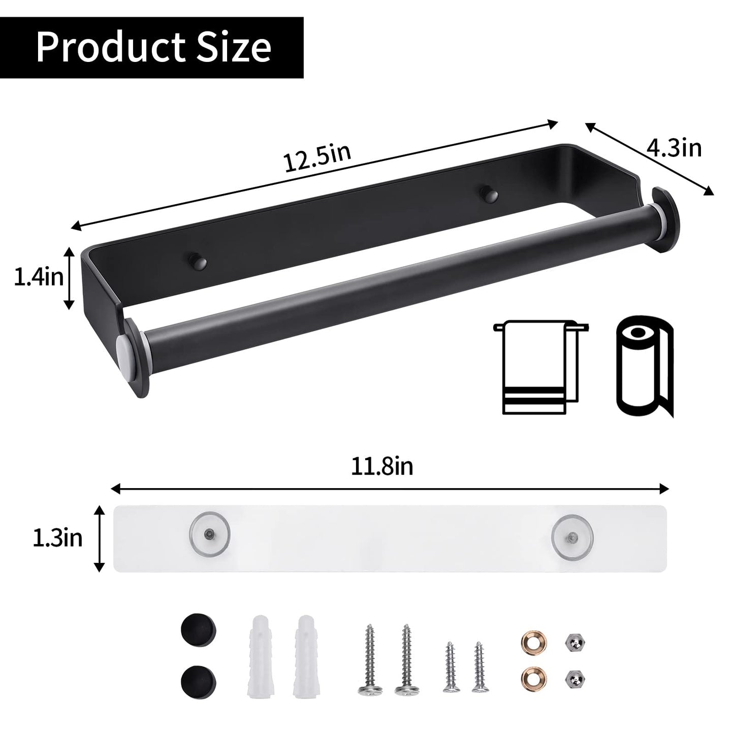 PEDORUBY Under Cabinet Paper Towel Holder, Adhesive or Drill Mount Paper Towel Holder, Wall Mount Paper Towel Holders for Kitchen or Bathroom (Black) 2 Pack